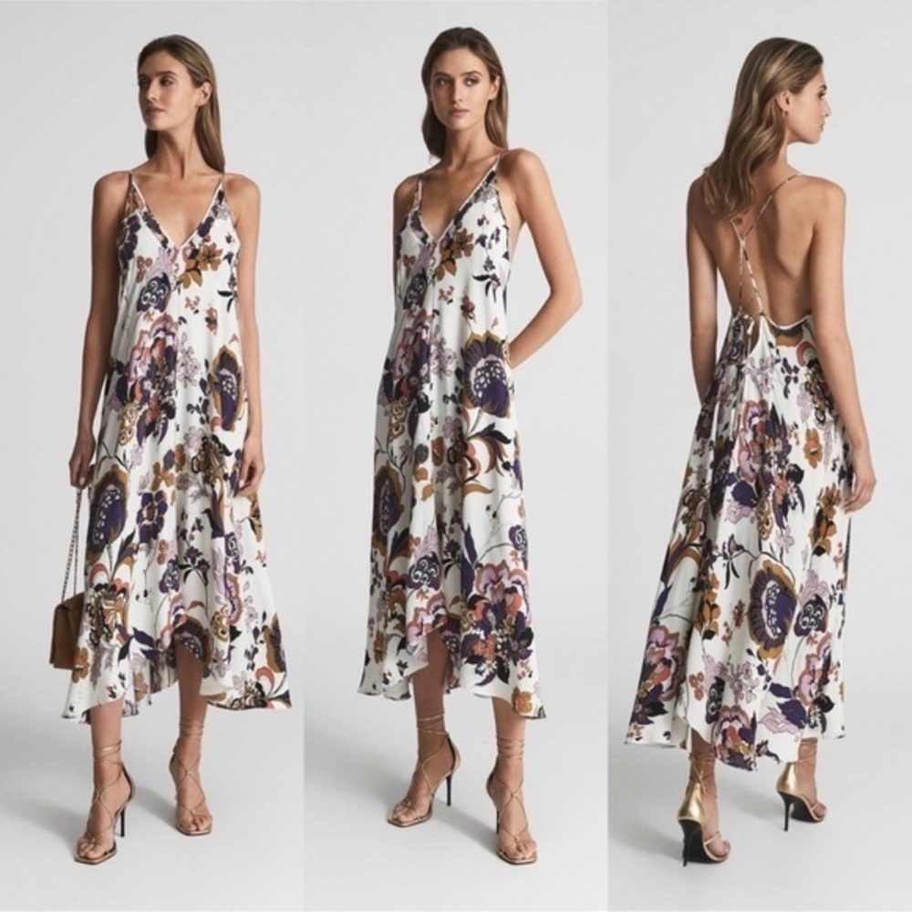 REISS Mabel Print Plunge Neck Maxi Dress Floral Size 4